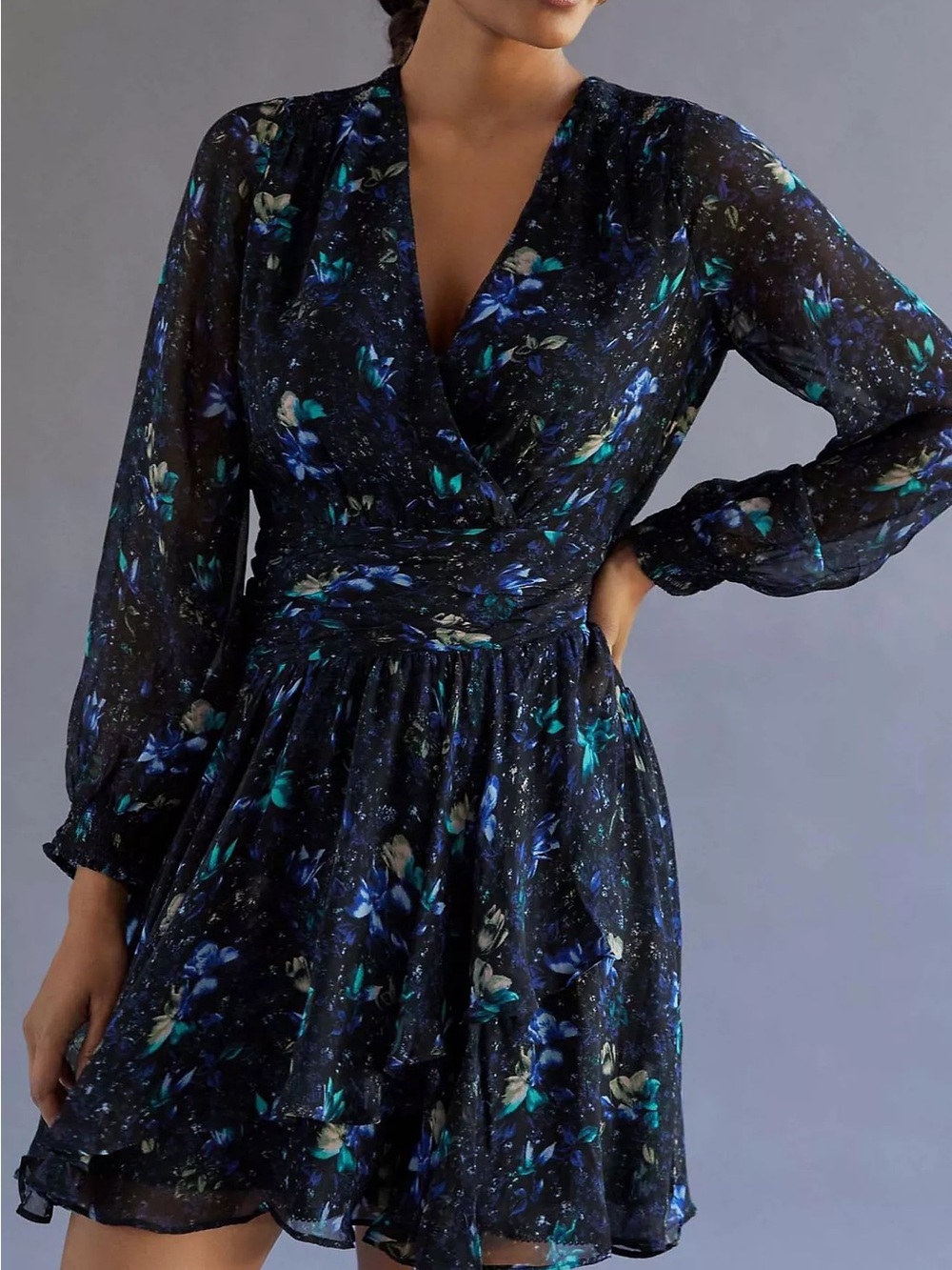 Anthropologie Ruched Floral Shimmer Mini Dress Size Small
